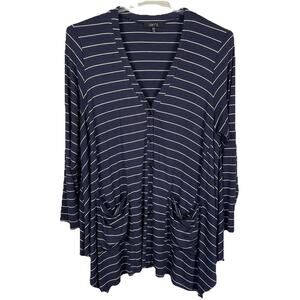 Comfy USA Cardigan Sweater Womens XL Blue Stripe Nautical Coastal Laganlook Soft